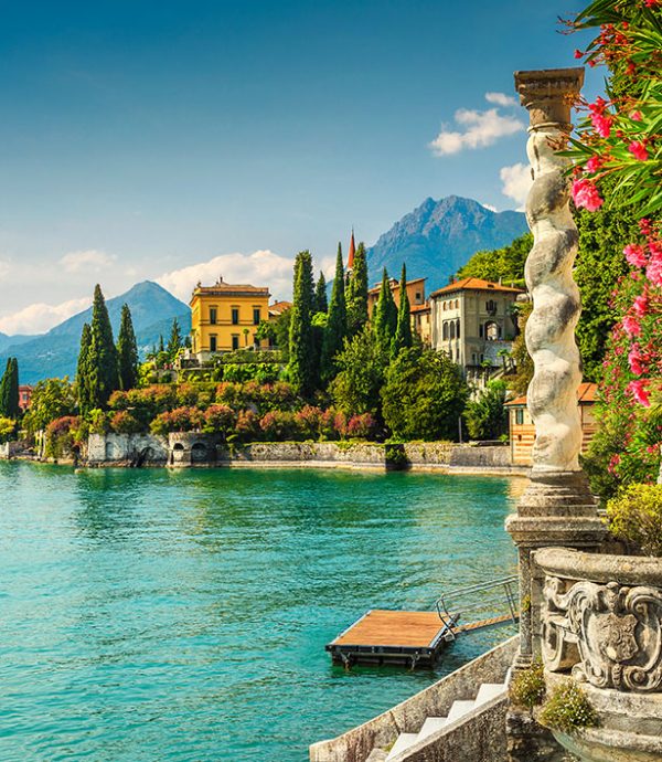 Famous luxury villa Monastero, stunning botanical garden decorated with mediterranean oleander flowers, lake Como, Varenna, Lombardy region, Italy, Europe